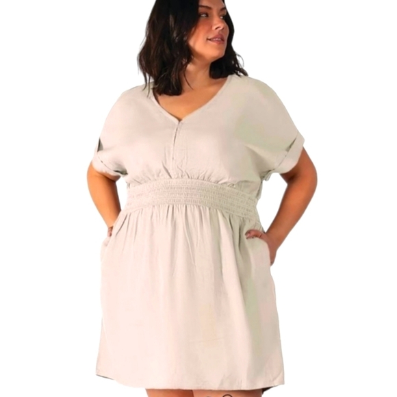 Dex Plus Della Linen Blend Dress Sand  Smocked Waist V-neck Pockets Sz 2X - Picture 1 of 12